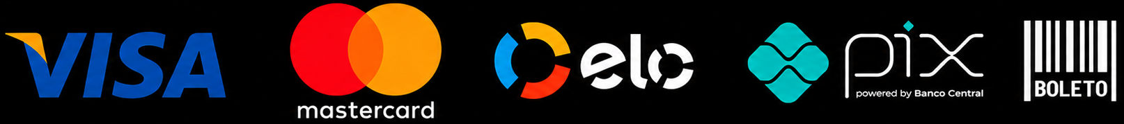 Formas de pagamento: Pix, Visa, Mastercard, Elo, Boleto